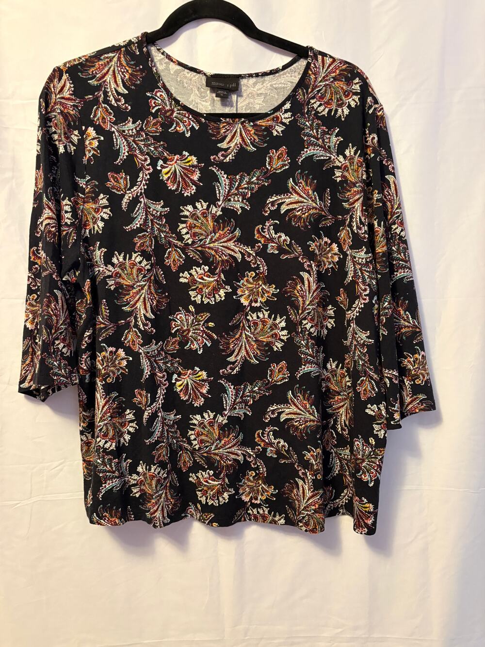 J. Jill Wearever Collection Paisley Top Black Crew Neck 3/4 Sleeve Sz XL